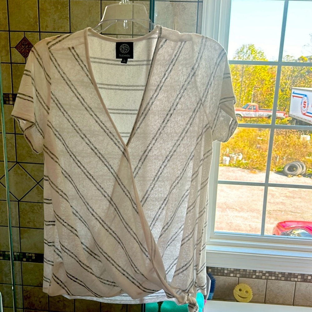 Surplice, side tie , knit blouse